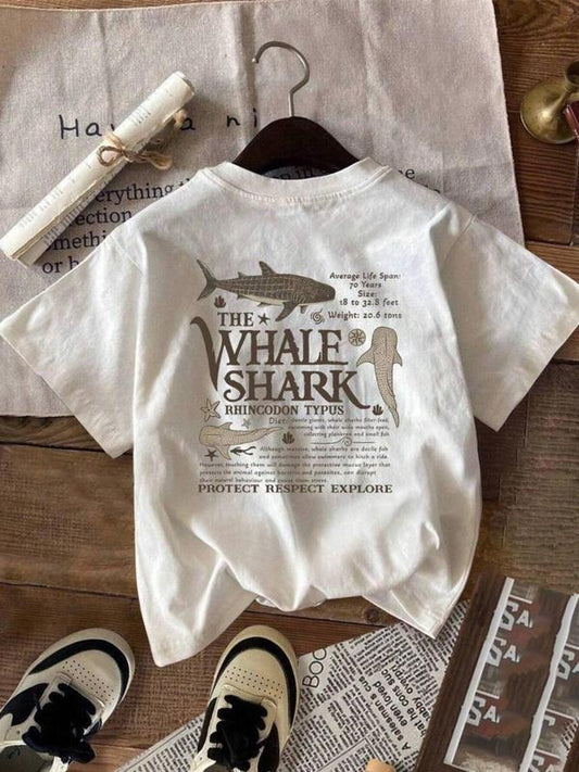 Women's Whale Shark Print Round Neck Tee, Vintage Trendy Casual Short Sleeve T-shirt for Daily Wear, Ladies Summer Outfit, Top