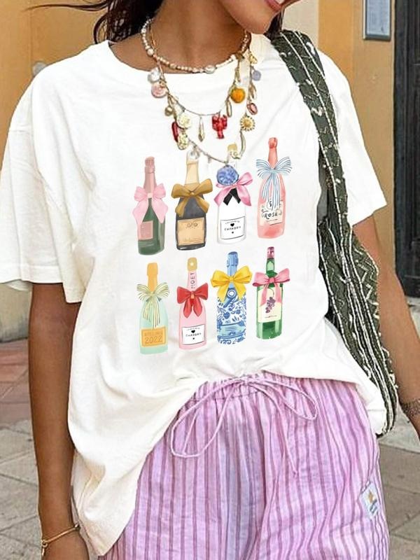 Women's Wine & Bowknot Print Round Neck Tee, Elegant Casual Short Sleeve T-shirt for Daily Wear, Ladies Summer Clothes,...
