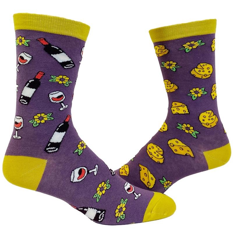 Women's Wine And Cheese Socks Funny Vino Lover Graphic Novelty Footwear Funny Graphic Socks Comfortable Fitted Spandex...
