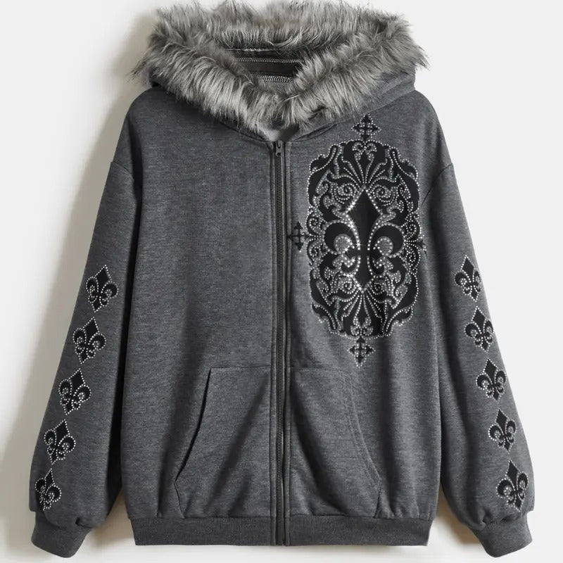 Women's Zip Up Hoodies Graphic Rhinestone Contrast Faux Fur Long Sleeve Sweatshirt Jacket with Pockets T-Shirts
