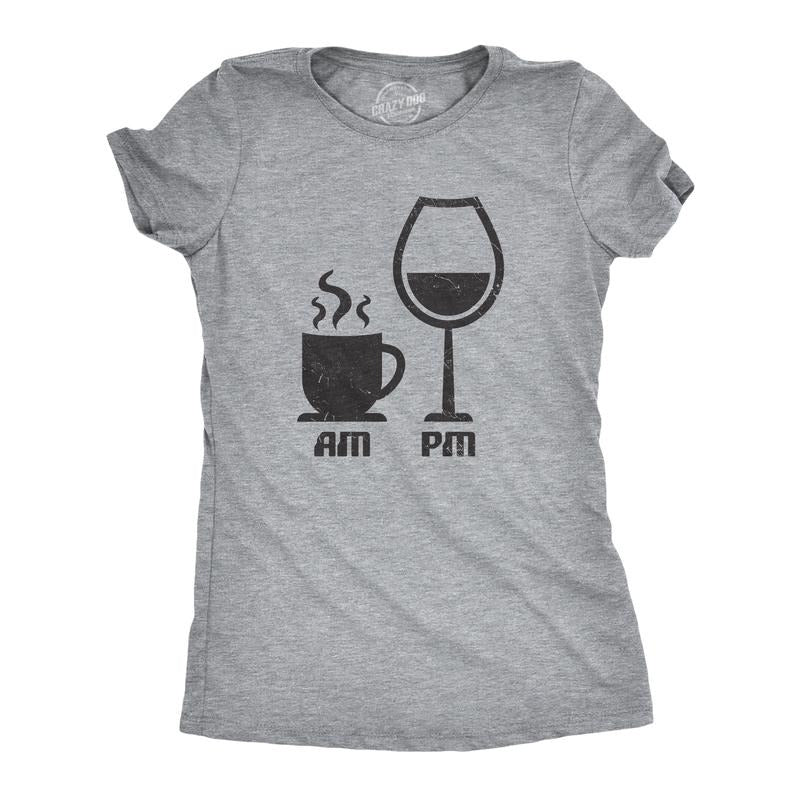 Womens AM Coffee PM Wine T Shirt Funny Drinking Tee Funny Womens T Shirts Cute Slimming Top Comfortable Soft Womenswear Wine Tops for Women Funny Coffee Top Women's Novelty Tees Light Grey