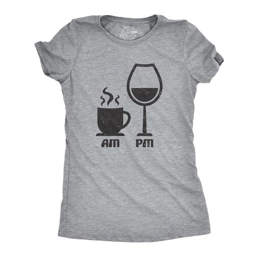 Womens AM Coffee PM Wine T Shirt Funny Drinking Tee Funny Womens T Shirts Cute Slimming Top Comfortable Soft Womenswear Wine Tops for Women Funny Coffee Top Women's Novelty Tees Light Grey