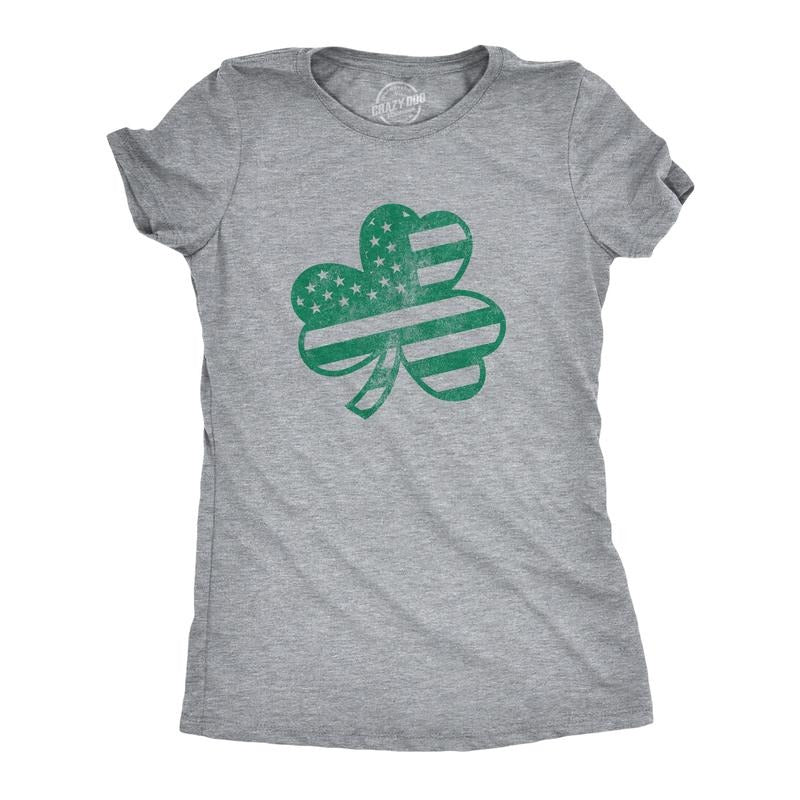 Womens American Shamrock Flag T Shirt USA Saint Patricks Day Clover Graphic Funny Womens T Shirts Cute Slimming Top Comfortable Soft Womenswear Saint Patrick's Day Tops for Women Women's Novelty Tees Light Grey