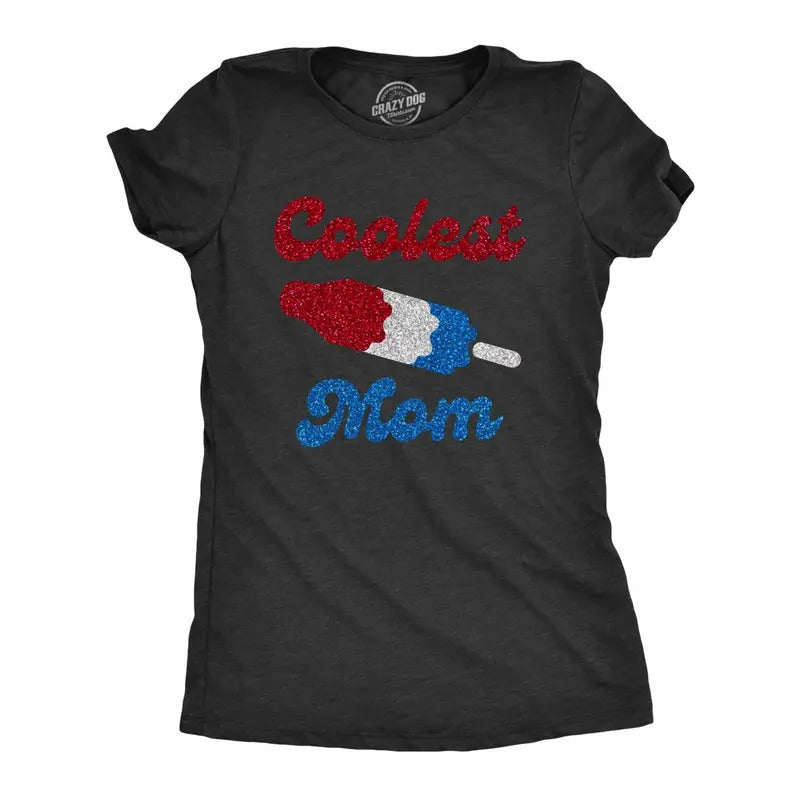 Womens Coolest Mom Glitter T Shirt Funny Mothers Day Graphic Top Super Cute Funny Womens T Shirts Cute Slimming Top Comfortable Soft Womenswear Mother's Day Tops for Women Funny Food Top Women's Black -