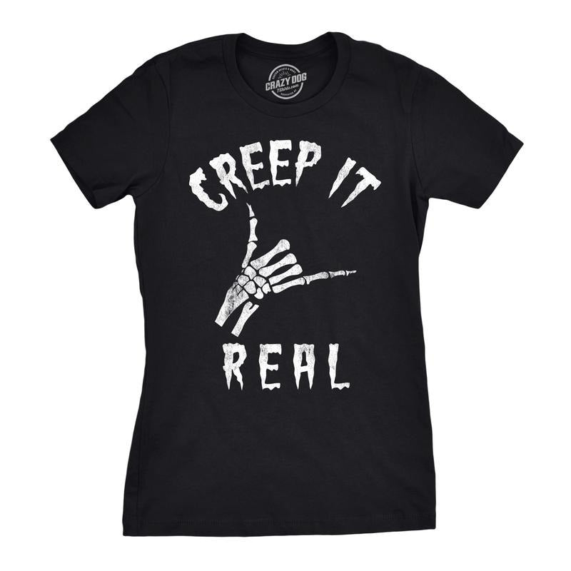 Womens Creep It Real T Shirt Funny Skeleton Halloween Shaka Tee Funny Womens T Shirts Cute Slimming Top Comfortable Soft Womenswear Halloween Tops for Women Women's Novelty Tees Black