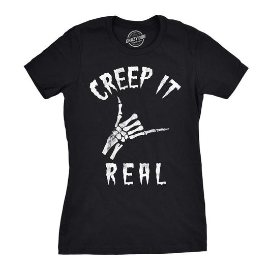 Womens Creep It Real T Shirt Funny Skeleton Halloween Shaka Tee Funny Womens T Shirts Cute Slimming Top Comfortable Soft Womenswear Halloween Tops for Women Women's Novelty Tees Black