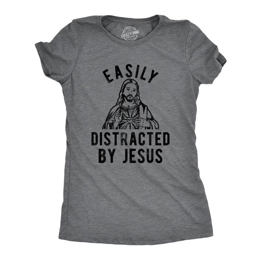 Womens Easily Distracted By Jesus T Shirt Funny Easter Graphic Novelty Tee For Guys Funny Womens T Shirts Cute Slimming Tees with Plus Sizes Easter T Shirt for Women Funny Religious T Shirt Women's Dark Grey