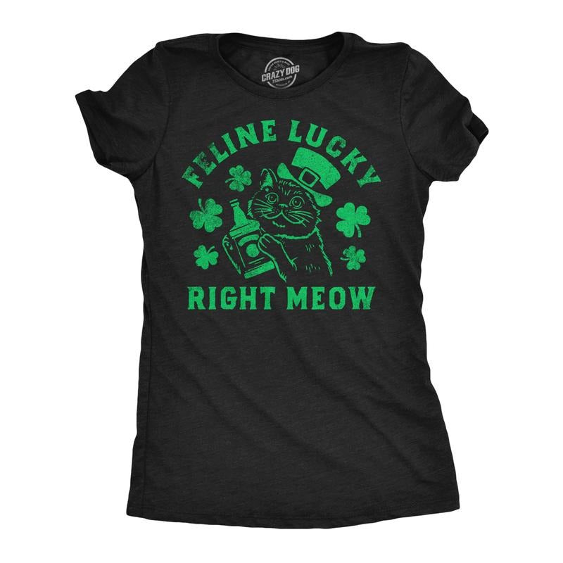 Womens Funny T Shirts Feline Lucky Right Meow Sarcastic St Patricks Day Kitten Graphic Tee For Ladies Funny Womens T...