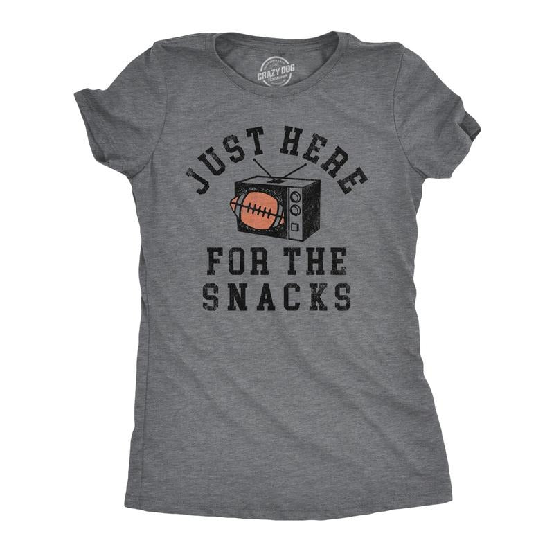 Womens Funny T Shirts Just Here For The Snacks Sarcastic Football Tee For Ladies Funny Womens T Shirts Cute Slimming Top Comfortable Soft Womenswear Food Tops for Women Funny Football Top Women's Dark Grey