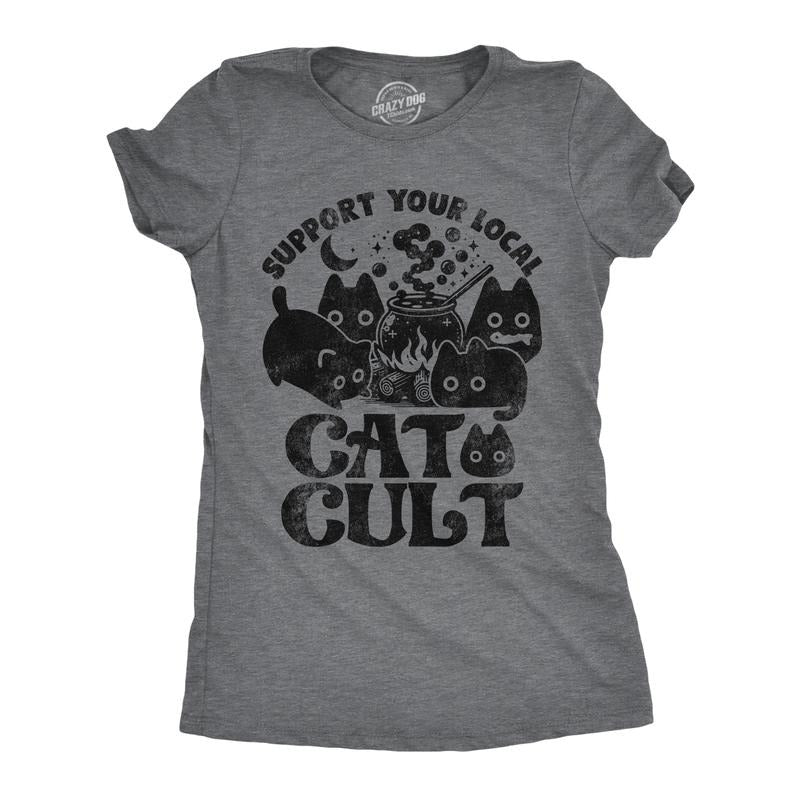 Womens Funny T Shirts Support Your Local Cat Cult Sarcastic Halloween Kitten Graphic Tee For Ladies Funny Womens T Shirts Cute Slimming Top Comfortable Soft Womenswear Halloween Tops for Women Funny Dark Grey