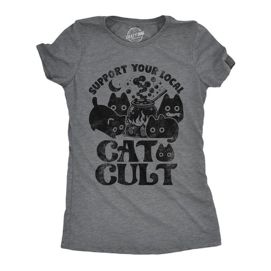 Womens Funny T Shirts Support Your Local Cat Cult Sarcastic Halloween Kitten Graphic Tee For Ladies Funny Womens T Shirts Cute Slimming Top Comfortable Soft Womenswear Halloween Tops for Women Funny Dark Grey