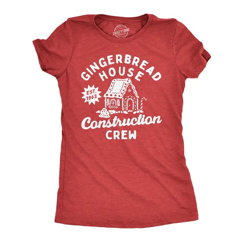 Womens Gingerbread House Construction Crew T Shirt Funny Xmas Treat Joke Tee For Ladies Funny Womens T Shirts Cute Slimming Top Comfortable Soft Womenswear Christmas Tops for Women Funny Sarcastic Top Red -