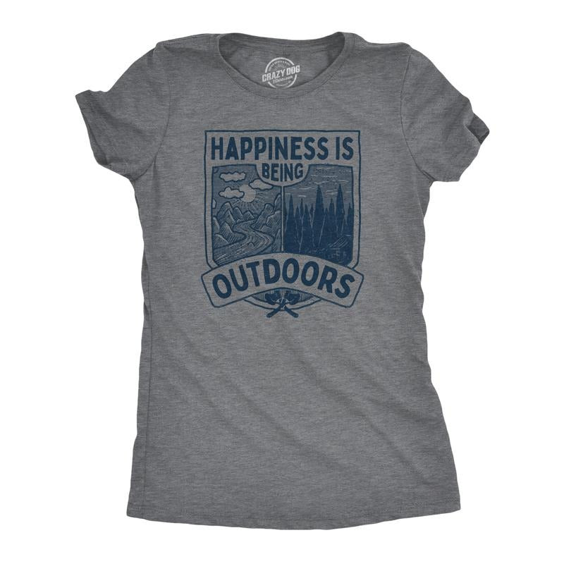 Womens Hapiness Is Being Outdoors T Shirt Funny Cool Nature Hiking Camping Lovers Tee for Ladies Funny Womens T Shirts...