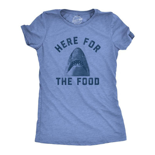 Womens Here For The Food T Shirt Funny Shark Novelty Great White Graphic Tee Funny Womens T Shirts Cute Slimming Top Comfortable Soft Womenswear Shark Tops for Women Funny Food Top Women's Novelty Light Blue