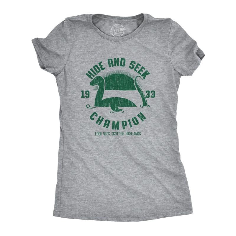 Womens Hide And Seek Champion Loch Ness Monster T Shirt Funny Sea Creature Graphic Tee Funny Womens T Shirts Cute Slimming Top Comfortable Soft Womenswear Funny Sarcastic Top Women's Novelty Tees Light Grey
