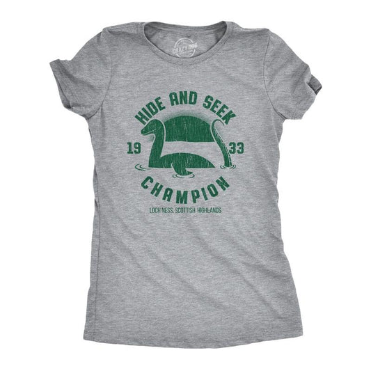 Womens Hide And Seek Champion Loch Ness Monster T Shirt Funny Sea Creature Graphic Tee Funny Womens T Shirts Cute Slimming Top Comfortable Soft Womenswear Funny Sarcastic Top Women's Novelty Tees Light Grey