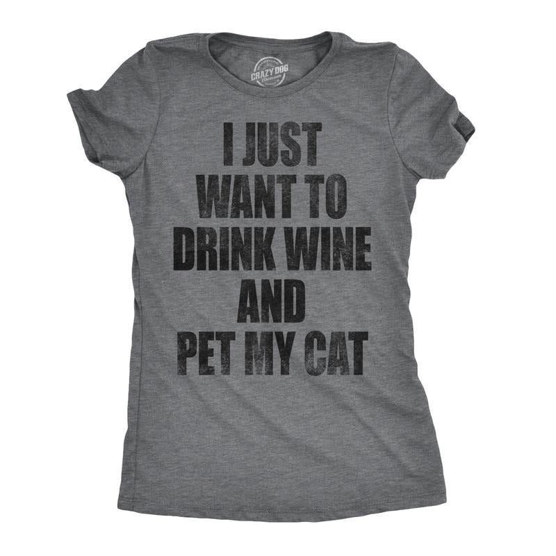 Womens I Just Want To Drink Wine and Pet My Cat Funny Cat Lover Graphic T shirt Funny Womens T Shirts Cute Slimming Top...