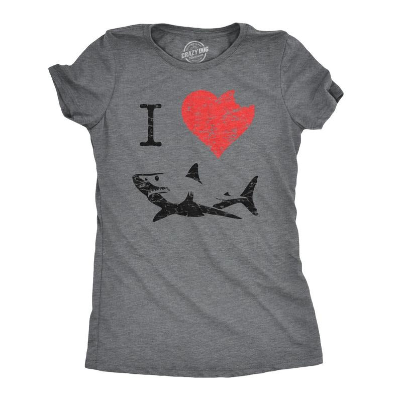 Womens I Love Sharks T Shirt Shark Bite Shirt Vintage Graphic Tee for Ladies Funny Womens T Shirts Cute Slimming Top...