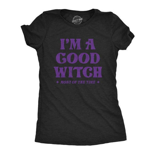 Womens I'm A Good Witch Most Of The Time Funny Halloween Sarcastic Naughty Graphic Tee Funny Womens T Shirts Cute Slimming Top Comfortable Soft Womenswear Halloween Tops for Women Women's Novelty Tees Black