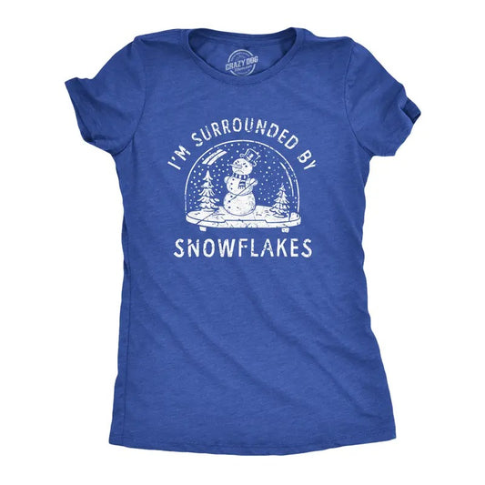 Womens Im Surrounded By Snowflakes T Shirt Funny Winter Snowman Snow Globe Tee For Ladies Funny Womens T Shirts Cute Slimming Top Comfortable Soft Womenswear Christmas Tops for Women Funny Sarcastic Royal -