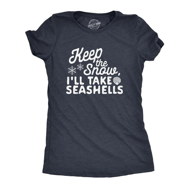 Womens Keep The Snow I'll Take The Seashells T Shirt Funny Winer Beach Vacation Graphic Tee Funny Womens T Shirts Cute Slimming Top Comfortable Soft Womenswear Christmas Tops for Women Funny Summer Navy