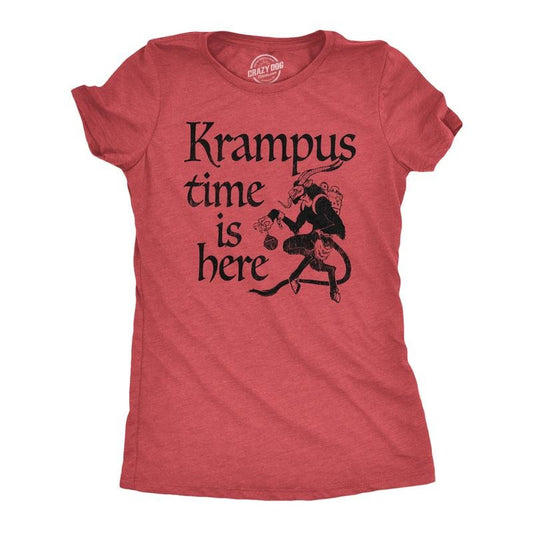 Womens Krampus Time Is Here T Shirt Funny Xmas Evil Devil Santa Joke Tee for Ladies Funny Womens T Shirts Cute Vintage Fashion T-Shirt Red -