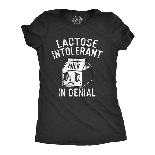 Womens Lactose Intolerant In Denial T Shirt Funny Milk Product Lovers Joke Tee For Ladies Funny Womens T Shirts Cute Slimming Top Comfortable Soft Womenswear Sarcastic T Shirt for Women Funny Food T Black -