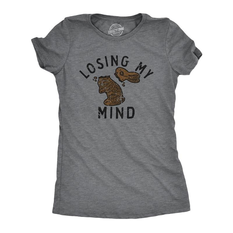Womens Losing My Mind T Shirt Funny Broken Chocolate Easter Bunny Joke Tee For Ladies Funny Womens T Shirts Cute Slimming Top Comfortable Soft Womenswear Easter Tops for Women Funny Sarcastic Top Dark Grey