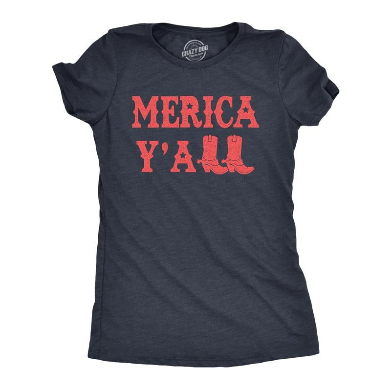 Womens Merica Yall T Shirt Funny Cool Fourth Of July Party Patriotic Cowboy Tee For Ladies Funny Womens T Shirts Cute Slimming Top Comfortable Soft Womenswear Patriotic Tops for Women Women's Novelty Navy