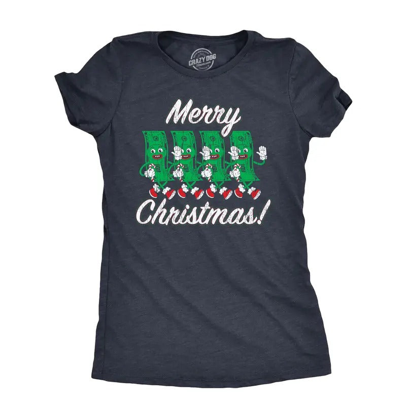 Womens Merry Christmas T Shirt Funny Retro Xmas Dollar Bills Cash Money Joke Tee For Ladies Funny Womens T Shirts Cute...