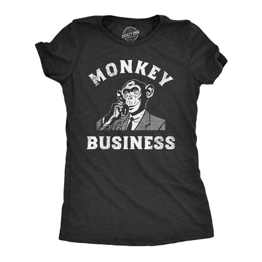 Womens Monkey Business T shirt Funny Primate Office Job Joke Tee for Ladies Funny Womens T Shirts Cute Slimming Top Comfortable Soft Womenswear Animal Tops for Women Funny Office Top Women's Novelty Black -