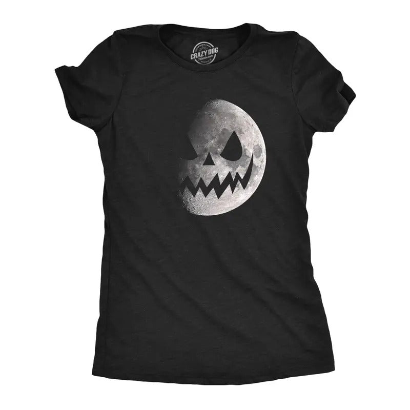 Womens Moon Jack O Lantern T Shirt Funny Spooky Lunar Phases Scary Face Tee For Ladies Funny Womens T Shirts Cute...