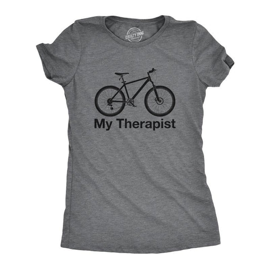 Womens My Therapist Bicycle T shirt Funny Biking Cycling Outdoors Graphic Tee Funny Womens T Shirts Cute Slimming Top Comfortable Soft Womenswear Funny Fitness Top Women's Novelty Tees Dark Grey