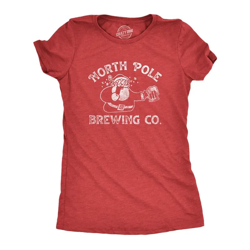 Womens North Pole Brewing Co T Shirt Funny Xmas Beer Company Santa Drinking Tee For Ladies Funny Womens T Shirts Cute Slimming Top Comfortable Soft Womenswear Christmas Tops for Women Funny Beer Top Red -
