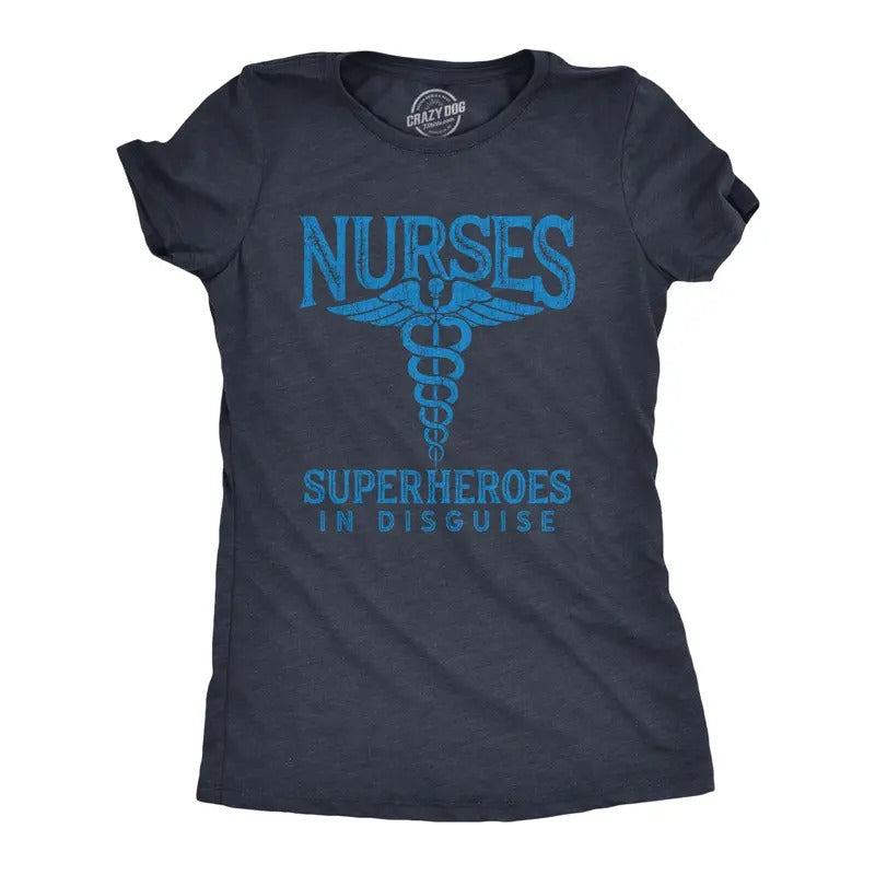 Womens Nurses Superheroes In Disguse T Shirt Quarantine Social Distancing Graphic Tee Funny Womens T Shirts Cute Slimming Top Comfortable Soft Womenswear Funny Introvert Top Women's Novelty Tees Navy