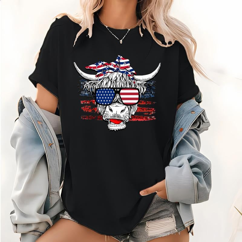 Womens Patriotic Cow Print Casual T-shirt, 4th FOG July Design Short Sleeve Tops, American Cow Tee, Cow Shirts style 02...