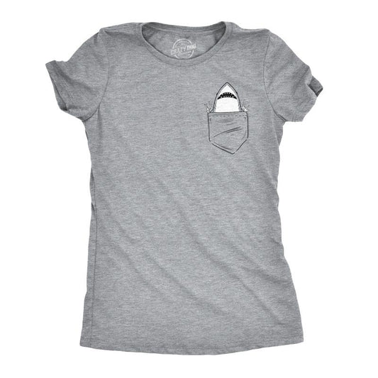 Womens Pocket Shark Funny T shirts Printed Graphic Jaws Cool Shark Novelty T shirt Funny Womens T Shirts Cute Slimming Top Comfortable Soft Womenswear Shark Tops for Women Women's Novelty Tees Light Grey