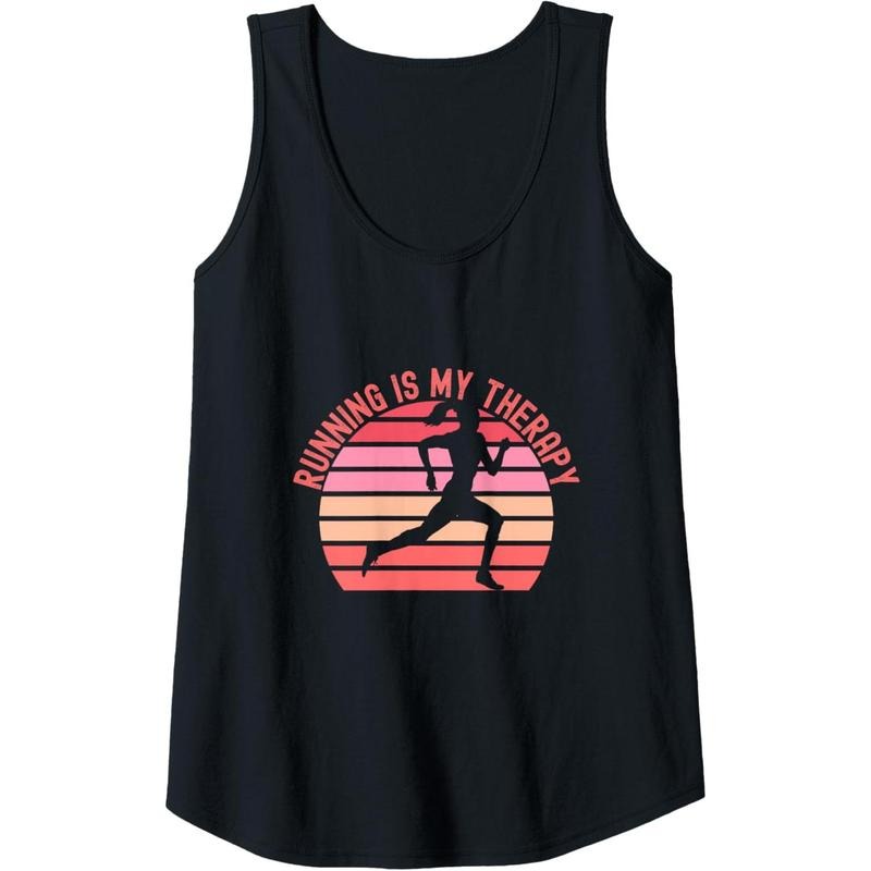 Womens Running is My Therapy Girl Runner Retro Sunset Funny Tank Top Made in USA T-Shirts, Hoodie, Sweatshirt | DripVista.com