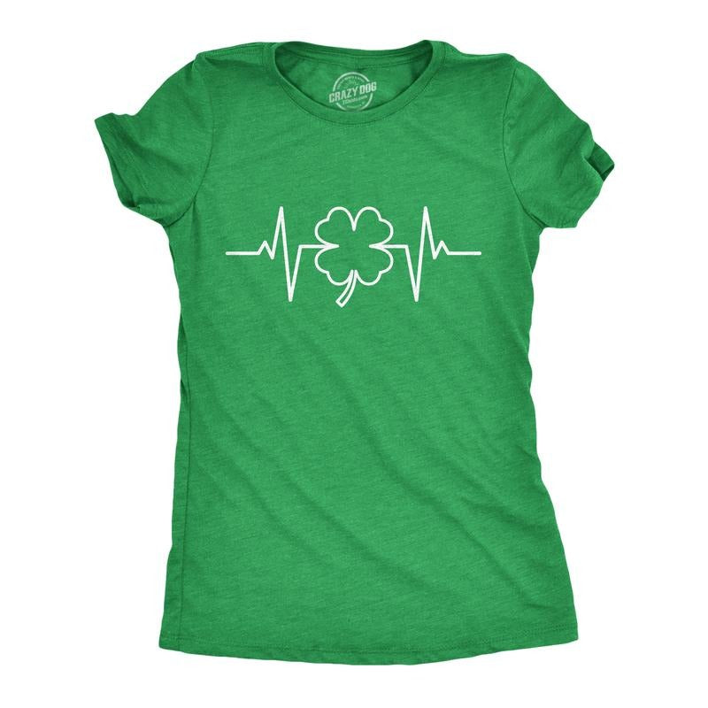 Womens Saint Patrick's Heart Beat T Shirt Funny Pulse Monitor Line Clover St. Paddy's Day Parade Novelty Tee For Ladies...