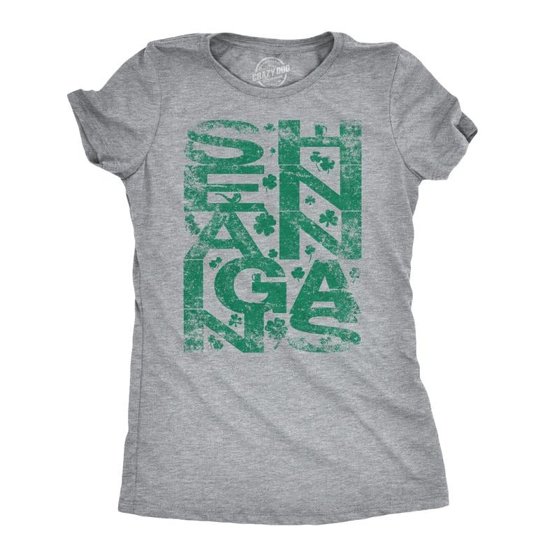 Womens Shenanigans Clover Funny Irish Saint Patricks Day Shamrock Pattys T Shirt Funny Womens T Shirts Cute Slimming Top Comfortable Soft Womenswear Saint Patrick's Day Tops for Women Funny Vintage Light Grey