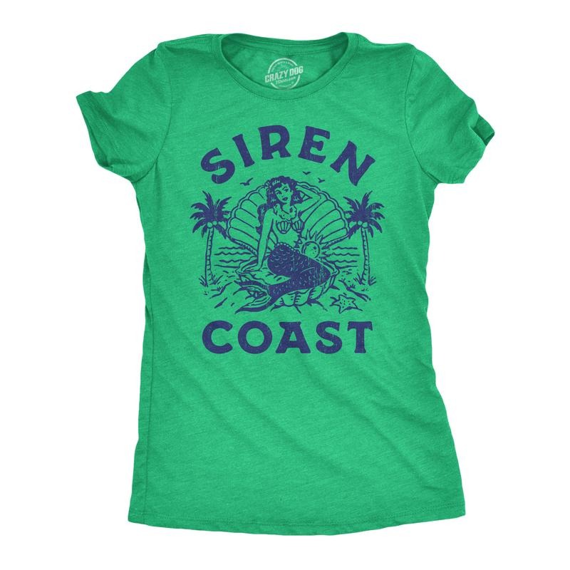 Womens Siren Coast T Shirt Funny Tropical Mermaid Beach Lovers Tee for Ladies Funny Womens T Shirts Cute Slimming Top Comfortable Soft Womenswear Funny Sarcastic Top Women's Novelty Tees Green -