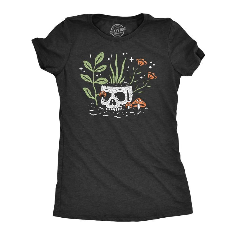 Womens Skull Flowers T Shirt Funny Spooky House Plant Horticulture Lovers Tee For Ladies Funny Womens T Shirts Cute Slimming Top Comfortable Soft Womenswear Funny Sarcastic Top Women's Novelty Tees Black -