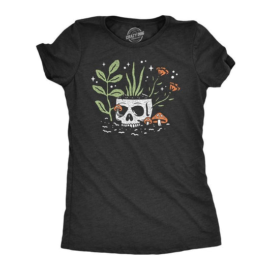 Womens Skull Flowers T Shirt Funny Spooky House Plant Horticulture Lovers Tee For Ladies Funny Womens T Shirts Cute Slimming Top Comfortable Soft Womenswear Funny Sarcastic Top Women's Novelty Tees Black -