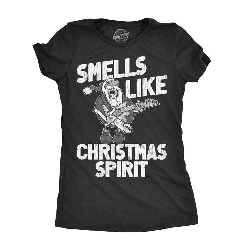 Womens Smells Like Christmas Spirit T Shirt Funny Xmas Music Parody Rock Song Tee for Ladies Funny Womens T Shirts Cute Slimming Top Black -