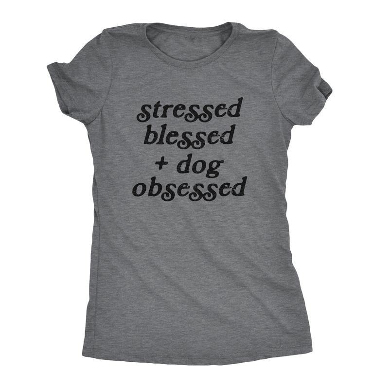Womens Stressed Blessed and Dog Obsessed T Shirt Funny Pet Puppy Lover Graphic Tee Funny Womens T Shirts Cute Slimming...
