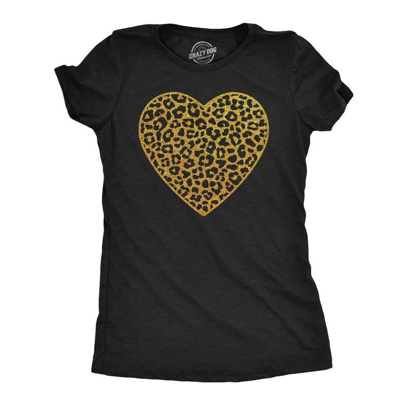 Womens T Shirts Gold Glitter Leopard Print Heart Cute Graphic Tee Funny Womens T Shirts Cute Slimming Top Comfortable...