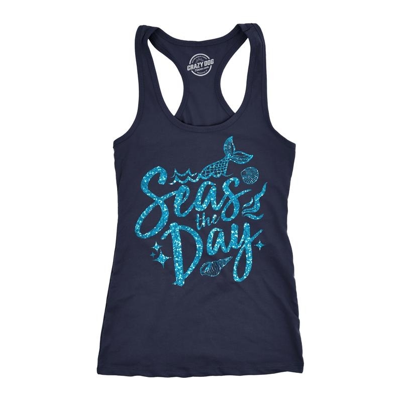 Womens Tank Seas The Day Tanktop Cute Mermaid Summer Tee For Ladies Glitter Print Funny Racerback Tank Cute Slimming Tank...