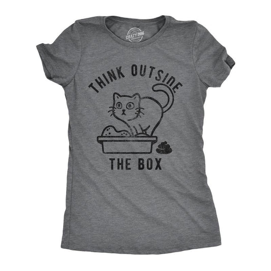 Womens Think Outside The Box Funny Cat T-Shirt Hilarious Graphic Cool Saying Top Funny Womens T Shirts Cute Slimming Top Comfortable Soft Womenswear Funny Adult Humor Tops for Women Funny Cat Top Dark Grey