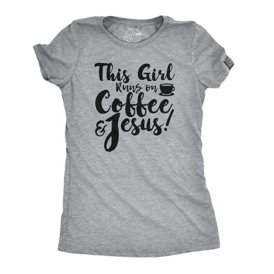 Womens This Girl Runs Off Coffee and Jesus T Shirt Funny Faith Church Cool Tee Funny Womens T Shirts Cute Slimming Top Comfortable Soft Womenswear Easter Tops for Women Funny Coffee Top Women's Light Grey