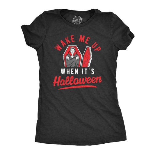 Womens Wake Me Up When Its Halloween T Shirt Funny Vampire Spooky Season Lover Tee For Ladies Funny Womens T Shirts Cute Slimming Top Comfortable Soft Womenswear Halloween Tops for Women Women's Black -